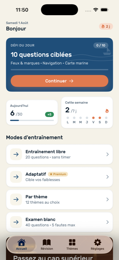 Écran d'accueil de Tribord : défi du jour et modes d'entraînement