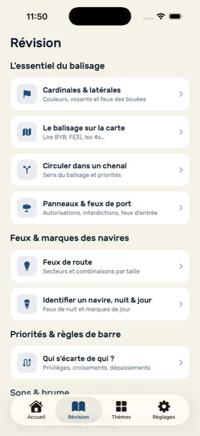 Onglet Révision de Tribord : fiches et suivi de progression